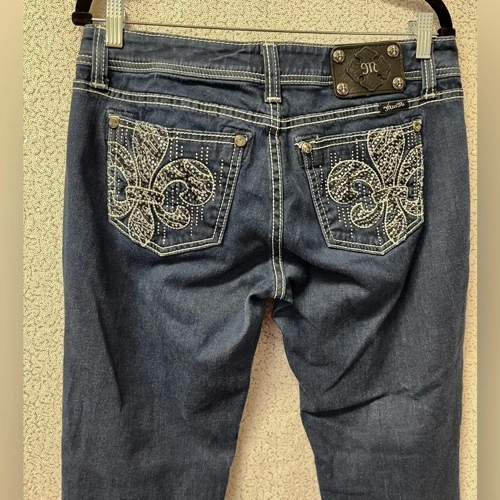 MISS ME Easy Skinny JE5735ESN Fleur de Lis Stretch BLING Dark Wash | size 28